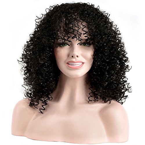 TopWigy Synthetic Full Wig Medium Length Tight Kinky Curly Hair Wig for Black Women+Wig Cap (1B# with bangs)