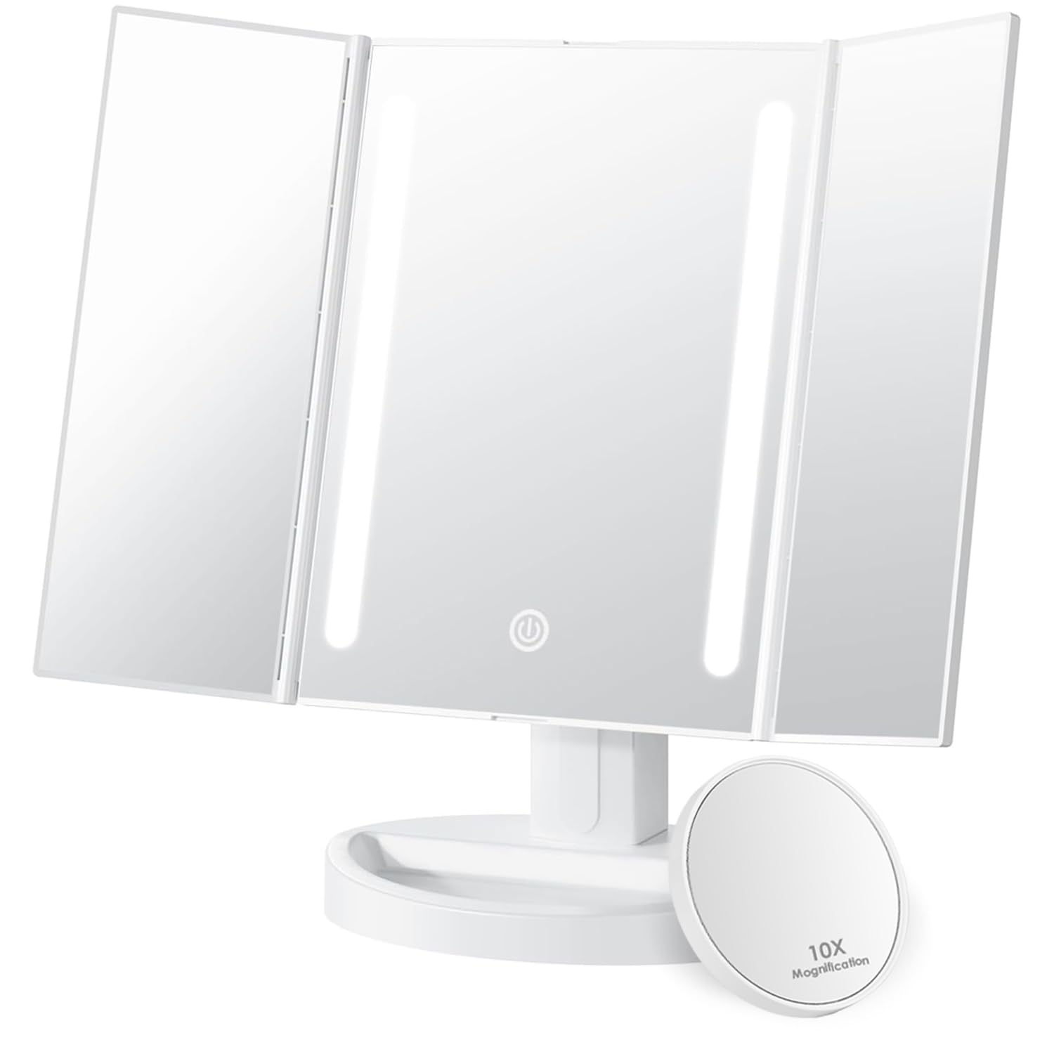 Auxmir Espejo Maquillaje con Luz, Espejo Aumento Pequeño 10X, Espejo Sobremesa Tríptico Táctil Plegable Triple, Giratorio 180 para Tocador Baño Afeitado Depilación, Blanco