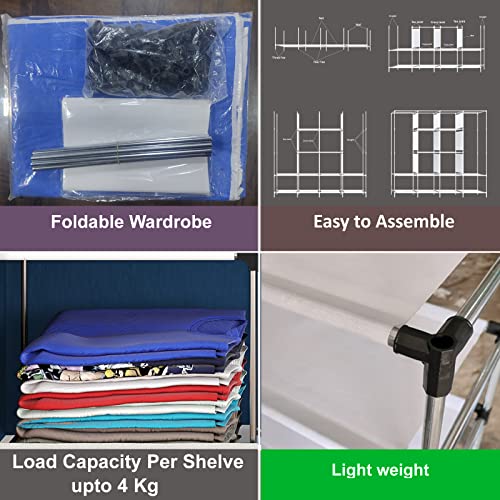 Image of GTC Printed Collapsible Wardrobe Portable Foldable Closet for Clothes Almira, 12 Shelves, 1 Side Pocket Non-Woven Fabric 100 GSM (5000-3 Peacock Blue)