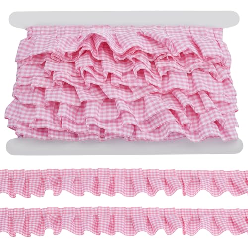 PH PandaHall 9m Gingham Ruffle Trim Pink Pleated Trim 40mm Gathered Lace Ribbon Ruffle Ribbon Trim Wavy Lace Edge Trim for Christmas DIY Craft Sewing Dress Clothing Applique