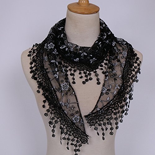 Minejin Women Hollow Lace Tassel Floral Print Triangle Mantilla Scarf 2Pack, Black&Grey, Medium #TOP1