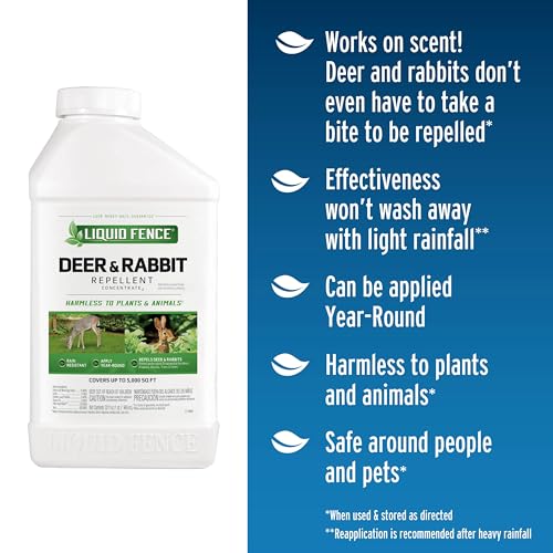 Image of Liquid Fence Deer and Rabbit Repellent Concentrate, 32 Ounces | Use to Treat on Gardens, Flowers, Shrubs, Trees & Vines, Covers up to 5,000 Sq. Ft., Harmless to Plants & Animals