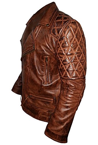 Mens Distressed Biker Cafe Racer Tan Brown Real Sheepskin Leather Motorcycle Jacket3