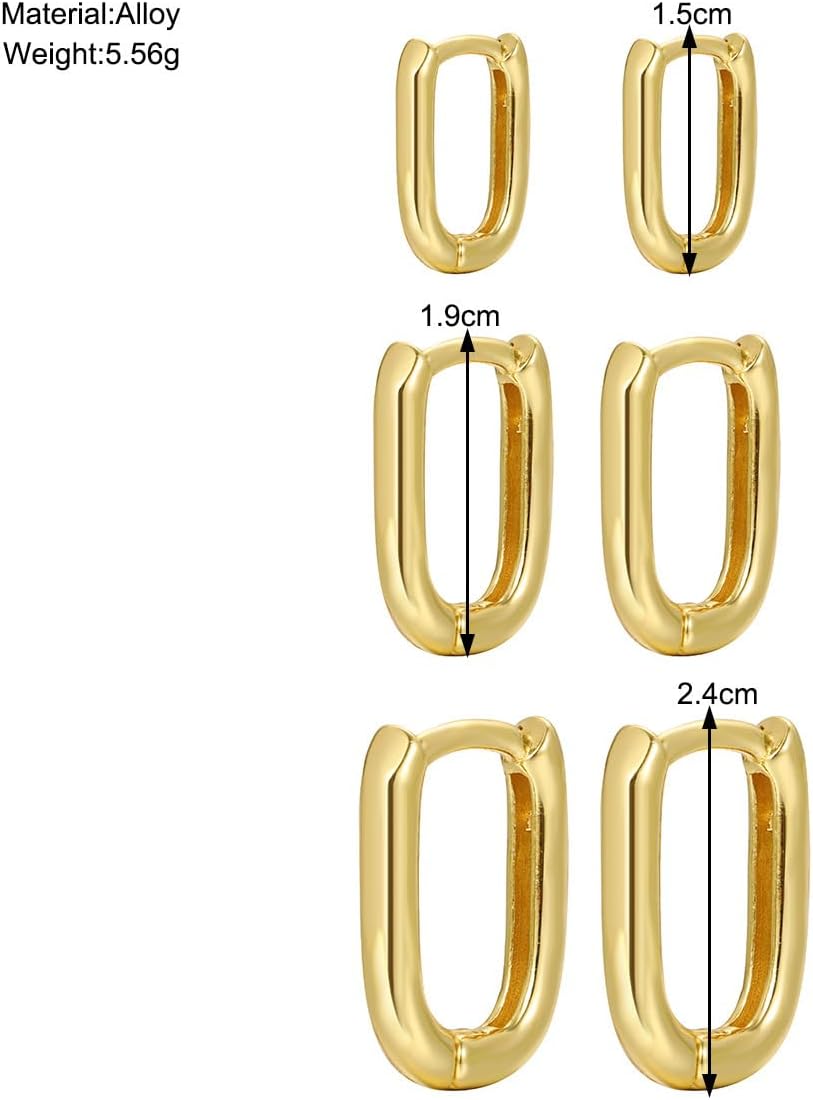 3 Pairs Chunky Gold Hoop Earrings Sets for Women Gold Hypoallergenic Oval Huggie Earrings Lightweight Thick Rectangle Hoop Earrings Trendy Jewelry for Women
