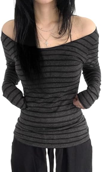 قمصان جمالية نسائية طويلة الأكمام مخططة من قمم الكتف بنات في سن المراهقة Alt Emo Goth Streetwear Y2k Clothes