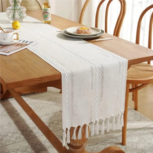 Chemin de table en lin de style ferme rustique brodé avec pompon 33x183cm - 3