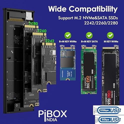 Image of NVME M2 LED Enclosure, PiBOX India NVMe /NGFF SATA Dual SSD Enclosure - USB 3.2 10Gbps, Tool-Free M.2 NVMe Case, PCI-E NVMe Reader, USB-C, Supports M & B&M Keys, 2230 /2242 /2260 /2280 SSD RTL9210B