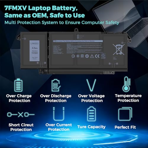 Image of 7FMXV Battery Replacement for Dell Latitude 5320 7320 7420 7520 Latitude 5320 2-in-1 /7320 2-in-1 /7420 2-in-1 P133G P134G P135G P136G P138G P139G P110F TN2GY 9JM71 4M1JN 1PP63 63Wh