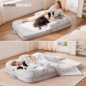 Human Dog Bed for Adult, 2 in 1 Foldable Giant Dog Bed for People Fits Pet Families, Egg Foam Supportive Mat, Waterproof Liner, Faux Fur Human Size Pet Bed with Blanket, 71"x43"x10", Grey Human Dog Bed for Adult 2 in 1 Foldable Giant Dog Bed for People Fits Pet Families Egg Foam Supportive Mat Waterproof Liner Faux Fur Human Size Pet Bed with Blanket 71x43x10 Grey