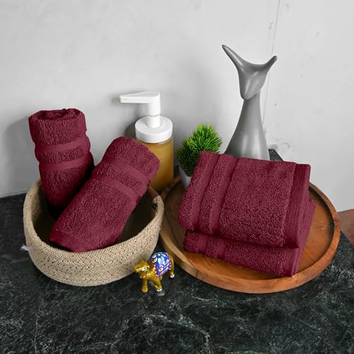 Image of Divine Casa Cotton 550 GSM Hand Towels Pack of 4 Maroon, 60 x 40 cm Ultra Soft & Highly Absorbent Thick Bathroom Towels