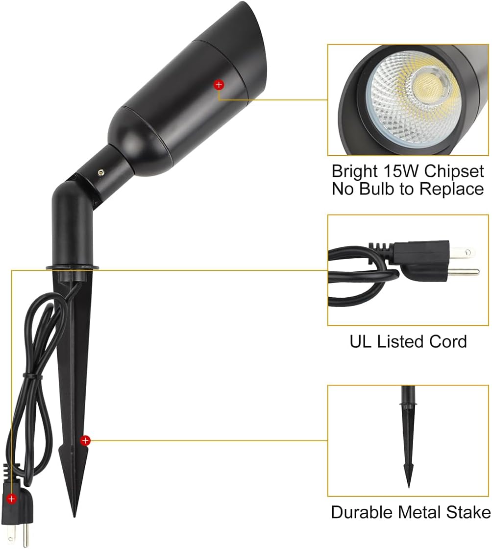 GBS9815 LED Outdoor Spotlight with Stake, 15W 120VAC, 5000K Daylight, 60-Degree Beam, Spotlight for Flag, UL Listed 4-ft Corded Plug, Not Dimmable