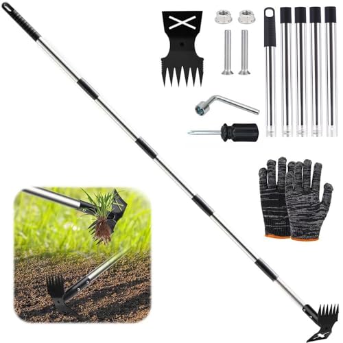 Extractora de Malas Hierbas con Mango Largo de 180 cm,Rastrillo de Azadas de Jardín 2 en 1 para Desmalezar,Quitar Malas Hierbas Jardin Mango Largo,Herramientas de Jardín para patio,césped,patio,jardín