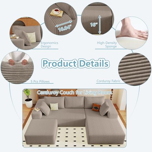 Image of 96 inch W Cloud Sectional Couch with Ottoman,Modern U-Shaped Cloud Couch with Deep Seat,Comfy Corduroy Sofa,Memory Foam Sofa for Living Room,No Assembly (Camel,Right-Facing Chaise)