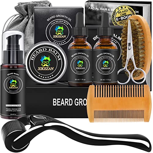 Xikezan Beard Growth Kit,W/Beard Roller,Beard Growth Oil,Balm,Comb,Brush,Hair Removal Razor Strops Scissor,Bag,Ebook,Beard Care Grooming Kit Christmas Stocking Stuffers Gifts For Men Him Husband #TOP3