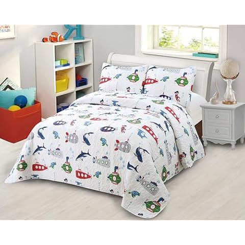 Elegant Homes Multicolor Submarines Marine Sea Aquatic Undersea Ocean Life Sharks Themed Design Perfect or Kids Boys Teens Toddler Bedding Bedspread Quilt Set with Shams # Submarine (Full/Queen) Cover