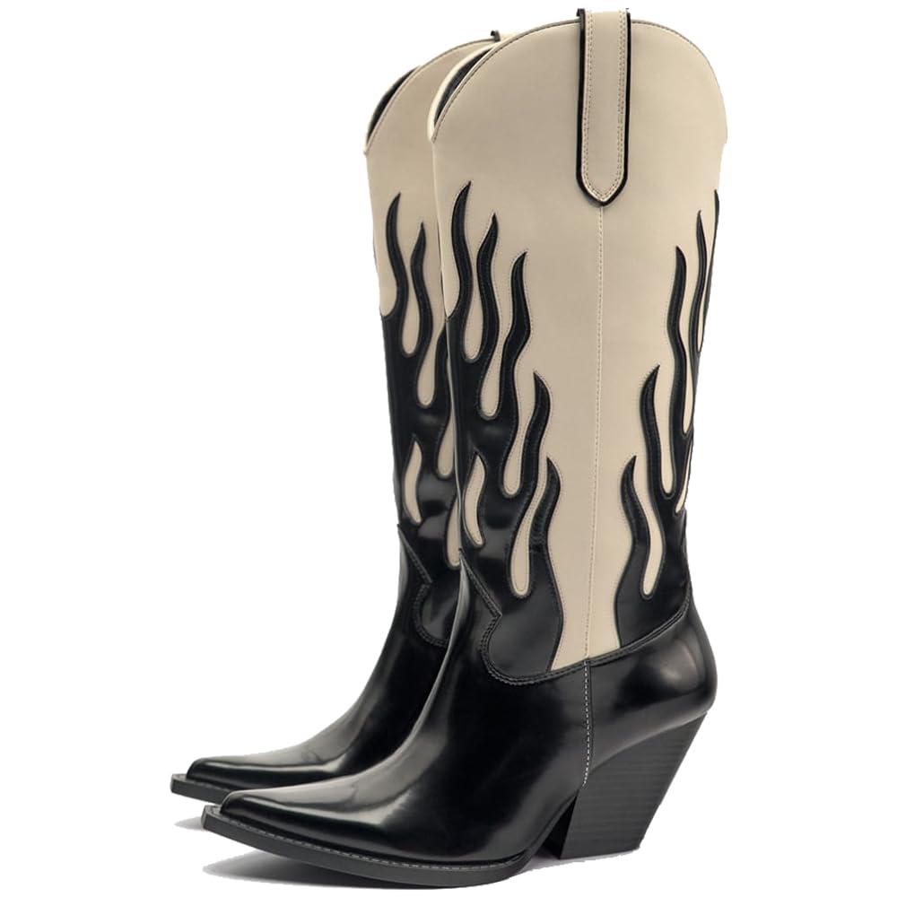 YIYA Women's Black and Ivory Flame Pattern Western Cowboy Boots Pointed Toe Chunky Heel Mid Calf Pull On Cowgirl Boots