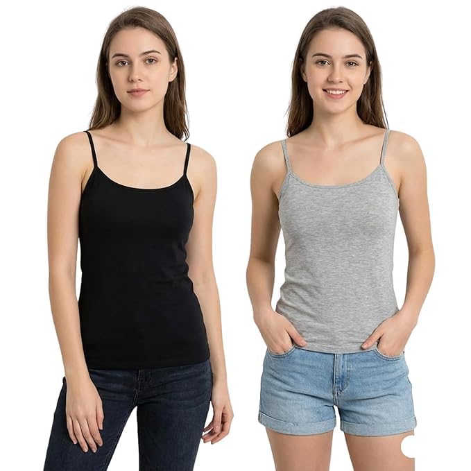 Women Cotton Camisole Tank Tops | Stretchable Sleeveless Innerwear | Black White Grey Combo Pack of 3-image-46