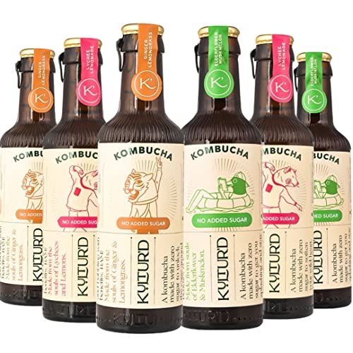 Image of KULTUR'D Kombucha (No Added Sugar) - Lychee Lemonade,Ginger Lemongrass,Elderflower Muskmelon,Pack Of 6|Fermented,All Natural,Gut Healthy Drink|6 X 220Ml|Vegan,Low Calorie,Zero Sugar - Black,1320 Ml