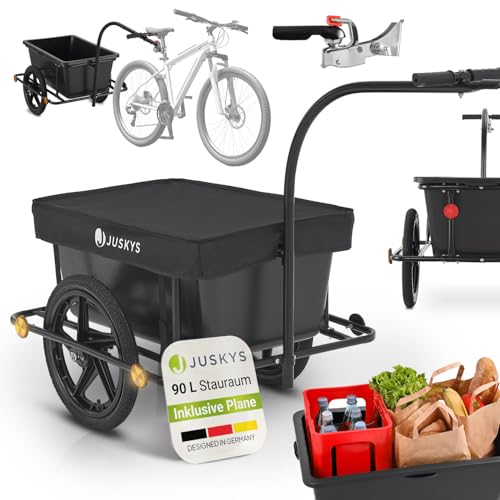 Juskys Fahrradanhänger 90 Liter - Lastenanhänger mit Kupplung, Deichsel — Anhänger für Fahrrad 40/80 kg Zuladung - Transportanhänger mit Schutzplane