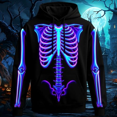 Hoodies for Men Halloween Neon Skeleton Bones Hoodie X-Ray Ribcage Graphic Pullover Sweatshirt with Pocket Holiday - image 2
