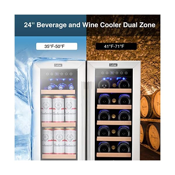 COLZER 24 Inch Beverage Fridge and Wine Cooler Dual Zone, Wine Beverage Refrigerator 18 Bottles