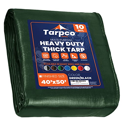 Image of Heavy Duty 10 Mil Tarp Cover, Waterproof, UV Resistant, Rip and Tear Proof, Poly Tarpaulin with Reinforced Edges for Camping, Roof, Patio, Pool, Boat. (Green /Black 40′ X 50′)