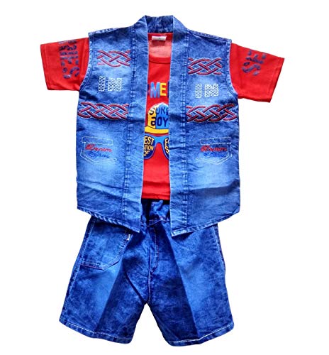 Image of Baby Boy T-shirt Shorts Pants and Jacket Denim Jeans Dress Clothing Set for Kids (Print Designs May Vary)