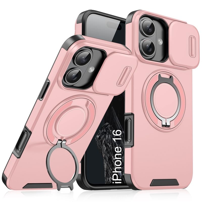 Image of LuxuryKase Shockproof Rugged Case for iPhone 16 | Slide Camera Cover | 360 Rotating Ring Kickstand | Military-Grade Protection - Rose Pink