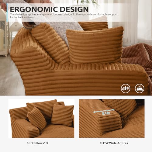 Image of 67 Inch Chaise Lounge Chair Indoor, Oversized Corduroy Upholstered Boneless Sofa Bed, Deep Seat Sleeper Couch Reading Chairs, Cloud Sofas Couches for Living Room, No Assembly Required (Orange)