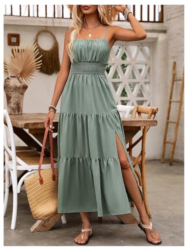 Women's Boho Maxi Dress for Wedding Guest Vacation Ruffle Flowy Milkmaid Dress Summer Ruched Slit Sundress3
