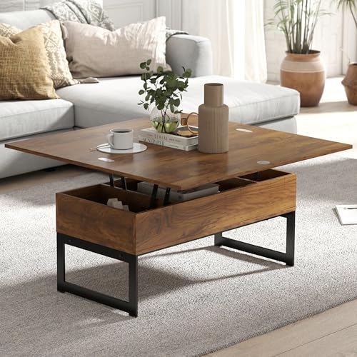 Table Basse Relevable, Tables Basse Extensible Multifonctionnelle 4 en 1 pour Salon, avec 3 Cases de Rangement Cachées, Table Basse Convertible Manger (Pied...