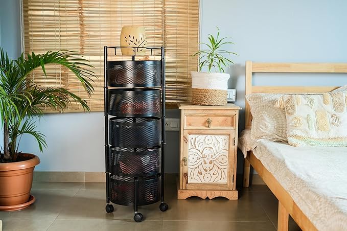 Image of KITCHIVO Kitchen Storage Rack | Revolving Vegetable Rack | Square Multipurpose Storage Trolley with Wheels | Metal Fruit Rack (Black Round, 5 Layer)