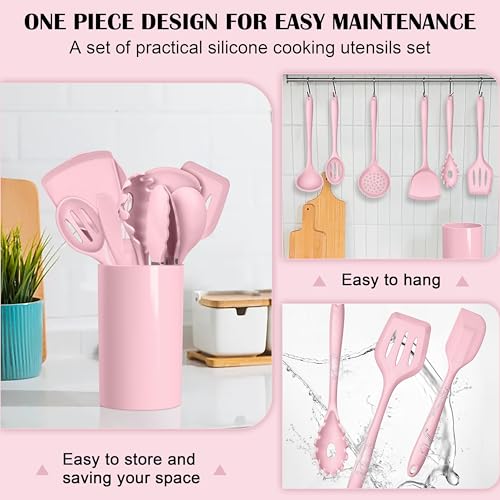 HaWare Kitchen Utensils, 14 PCS Silicone Cooking Utensils Set, Heat Resistant Kitchen Utensils for Non-stick Cookware, Kitchen Gadgets Tools with Spoons, Spatulas, Whisk, Dishwasher Safe (Pink) by HaWare - Image 6