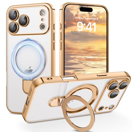 Image of DOMAVER Magnetic Case for iPhone 17 Pro, [Compatible with MagSafe] Military Drop Protection Cover with Invisible Stand [Full Camera Protection] Slim Shockproof Case for iPhone 17 Pro 6.3'', Gold