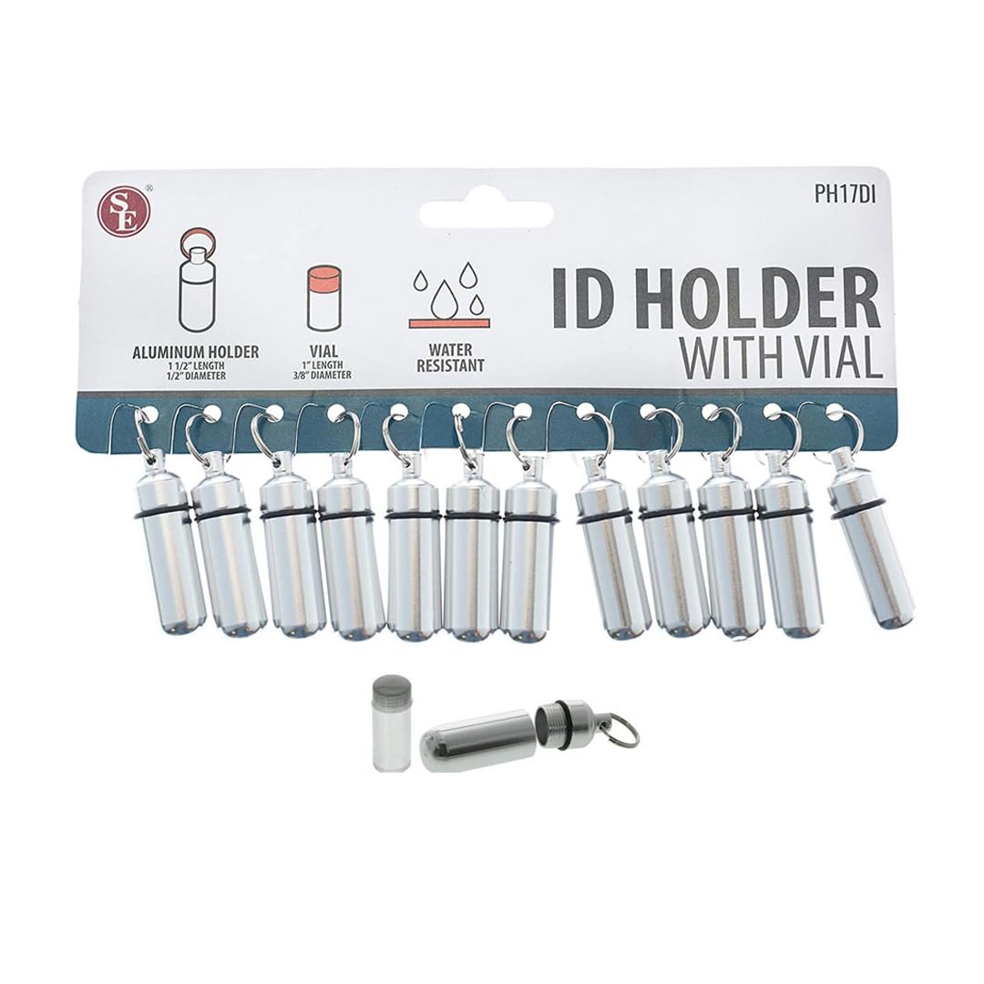 SE 12-Pack ID Holders with Vials and Key Rings - Water Resistant Chrome-Plated Aluminum, Compact for Emergency Information and Small Items - PH17DI