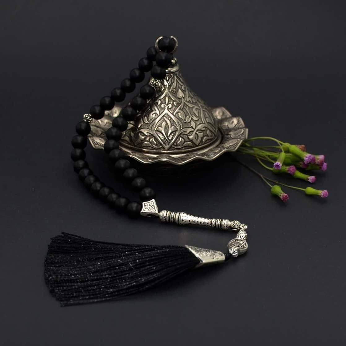 Designed Natural Stone Worry Beads with Silk Tassel (33 Beads) - Prayer Beads Tesbih-Tasbih-Tasbeeh-Misbaha-Subha-Sebha-Sibha (Green Crackle Glass-Bahar)