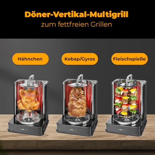 Clatronic® Döner-Vertikal-Multigrill | Multigrill Perfekt für Gyros, Kebab & mehr | Gyrosgrill für Fettfreies Grillen zuhause | Dönergrill Inkl. Drehspieß & 6 Fleischspieße | DVG 3686 – Bild 3