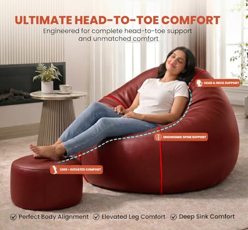 Image of Sattva Piping 2XL Sofa Style Bean Bag Chair with Beans Filled | Faux Leather Bin Bags Combo with Footstool & Cushion | Pre-Filled Beam Bag for Adults, Living Room & Bedroom - Tan /Red Piping