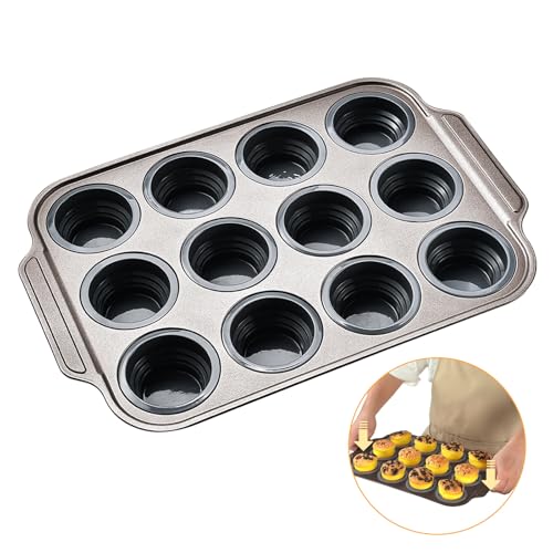 Foyucool Plegable Molde de Silicona para Magdalenas, Molde para 12 Magdalenas, Press to Release, Antiadherente Molde Muffins, Bandeja paraMuffins de Calidad Alimentaria, Molde para Tartas, Gris