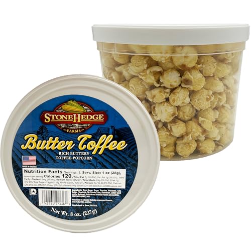 Stonehedge Farms Butter Toffee Flavored Popcorn - 8 oz Tub - Bulk Gourmet Deliciously Old Fashioned Popped Sweet Snacks - Made in the USA