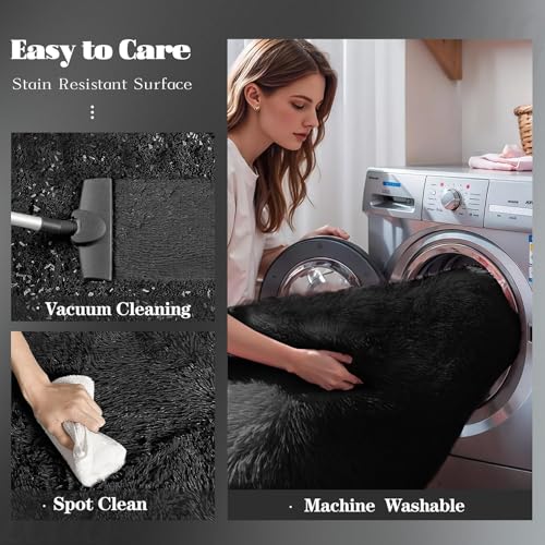 Image of 8x10 Area Rugs for Living Room: Fluffy Shag Soft Washable Rug Large Fuzzy Plush Indoor Carpet for Bedroom Nursery Playroom Kids Girls Boys Room (Black, 8'x10')