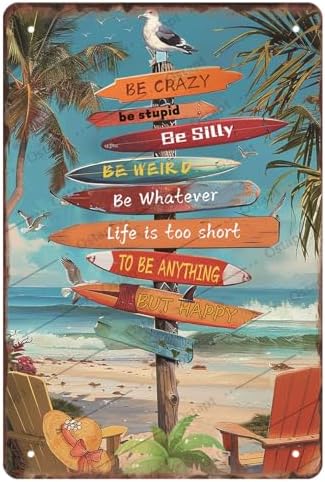 Tropical Beach Sign Vintage Metal Tin Sign To Be Everything But Happy Outdoor Beach Wall Art Colorful Surfboard Wall Decor Poster Summer Picture Gift 8x12 inch image 3
