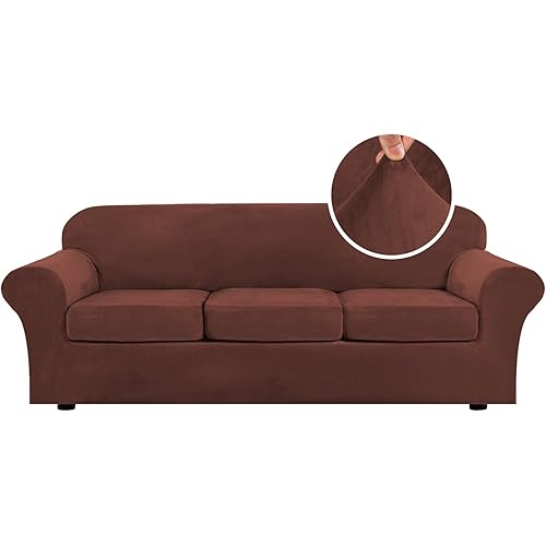 H.VERSAILTEX High Stretch Sofa Slipcover 4 Piece Cover Velvet Furniture Protector Form Fit Thick Velvet Extra Large Sofa Cover for 3 Cushion Couch Width Up to 97 Inch (Large Sofa, Burnt Brick)
