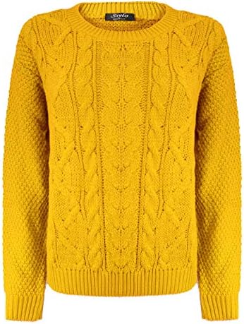 Generation Fashion New Size L-XL Women Ladies Crew Neck Knitted Cable Long Sleeve Warm Chunky Sweater Formal Everyday Casual Knitwear Jumper Tops Pullover Mustard