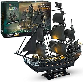 CubicFun 3D Puzzles Pirate Ship and Sailboat Vessel Black Pearl Highly Difficult Model Ship Kit Queen Anne's Revenge (Large with LED Lights) Building 3-d Puzzles Gifts for Adults and Kids, 340 Pieces