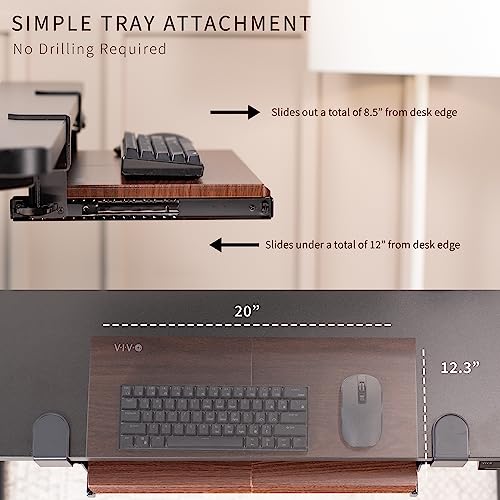 Image of VIVO Small Keyboard Tray, Under Desk Pull Out with Extra Sturdy C Clamp Mount System, 20 (26 Including Clamps) x 11 inch Slide-Out Platform Drawer, Dark Walnut Top, Black Frame, MOUNT-KB05ES-D | Keyboard Tray for Typing, Slide Out Platform, Extra Sturdy C-Clamp Mount System, Computer Drawer, Black Frame