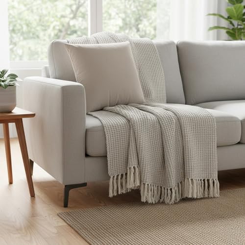 Image of SAJAVAT HOME Soft Cotton 3 Seater Sofa Throw with Cushion Cover | 80x52 Inches (204x132 Cm) | Hand-Knitted Light Fawn & White & Velvet Beige Cushion18x18 for Sofa, Bed, Chair & Travel | Pack of 1