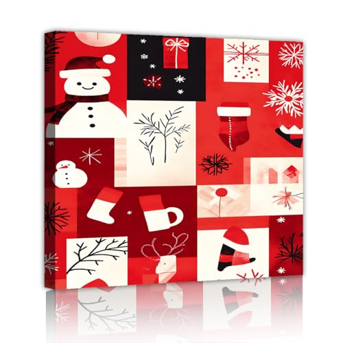 Toile Noël bonhomme de neige 50x50cm avec cadre intérieur rouge