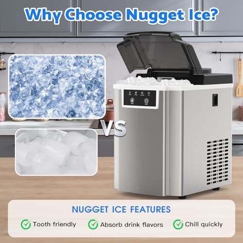 Image of Countertop Ice Makers Machine with Basket and Scoop, 38Lbs /24h Soft Chewable Pellet Ice, One-Click Operation, Nugget Ice Maker for Home, Kitchen, Camping, RV, Office and Party,Sliver