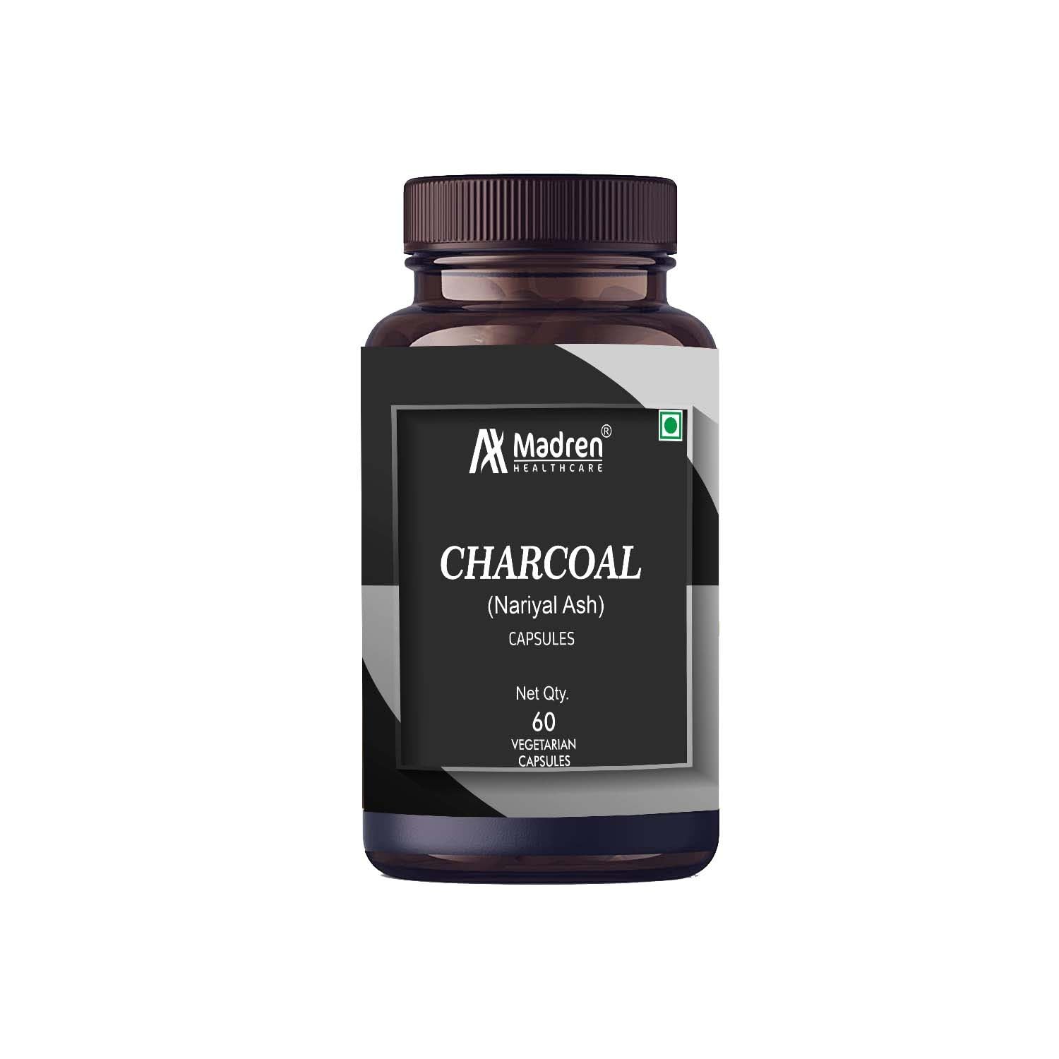 Madren Healthcare Charcoal (Nariyal Ash) 500mg - 60 Vegetarian Capsule PACK OF 1